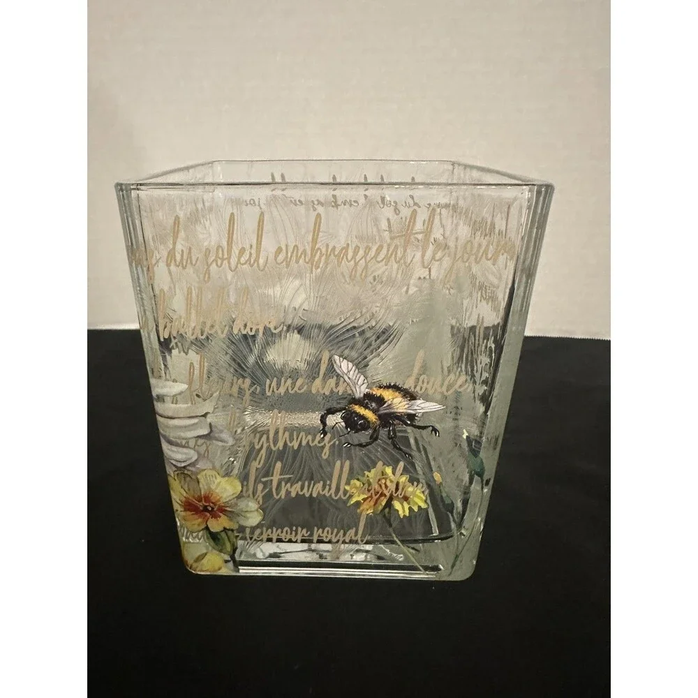 Teleflora Floral Square Glass Vase Cube Bee & French Script Design 4” Decorativ